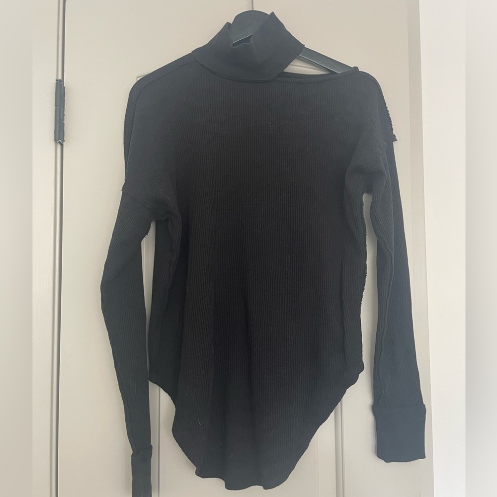Free People We The Free black waffle turtle neck with peekaboo shoulder